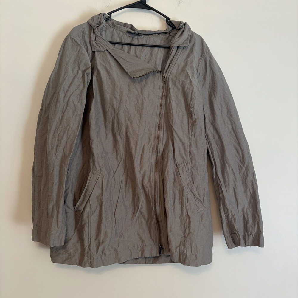 Eileen Fisher 2xl Jacket Rumpled Cotton Asymmetrical Zip Steel Hood Luxury